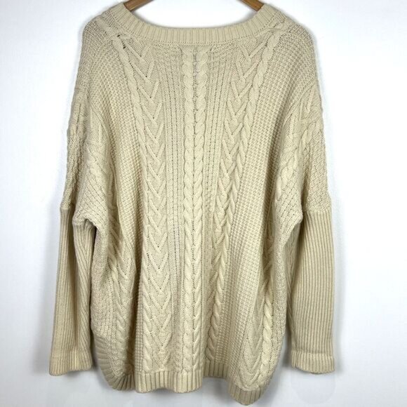 Natural Reflections V-Neck Sweater Oatmeal Cable Knit Fisherman’s Preppy Size XL - Picture 3 of 16